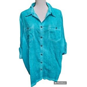 Keren Hart Blouse Size 2X NEW Distressed Finish Blue Button Front Tab Sleeves